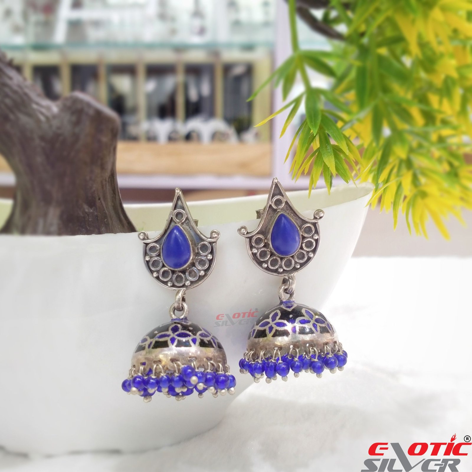 Navy Blue Meenakari Jhumka with Moti Round |